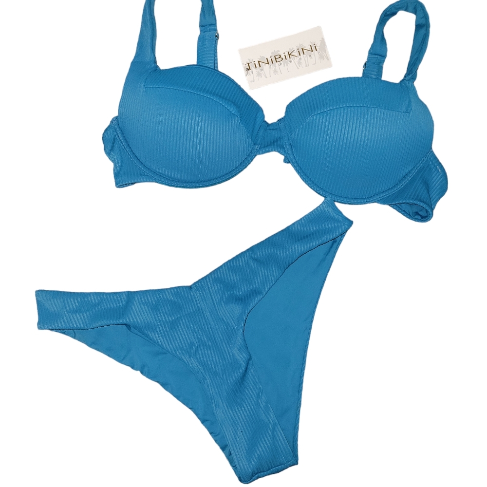 NWT TiniBikini Pagoda Blue Ribbed Underwire Bikini sz L XL *read - Picture 2 of 5